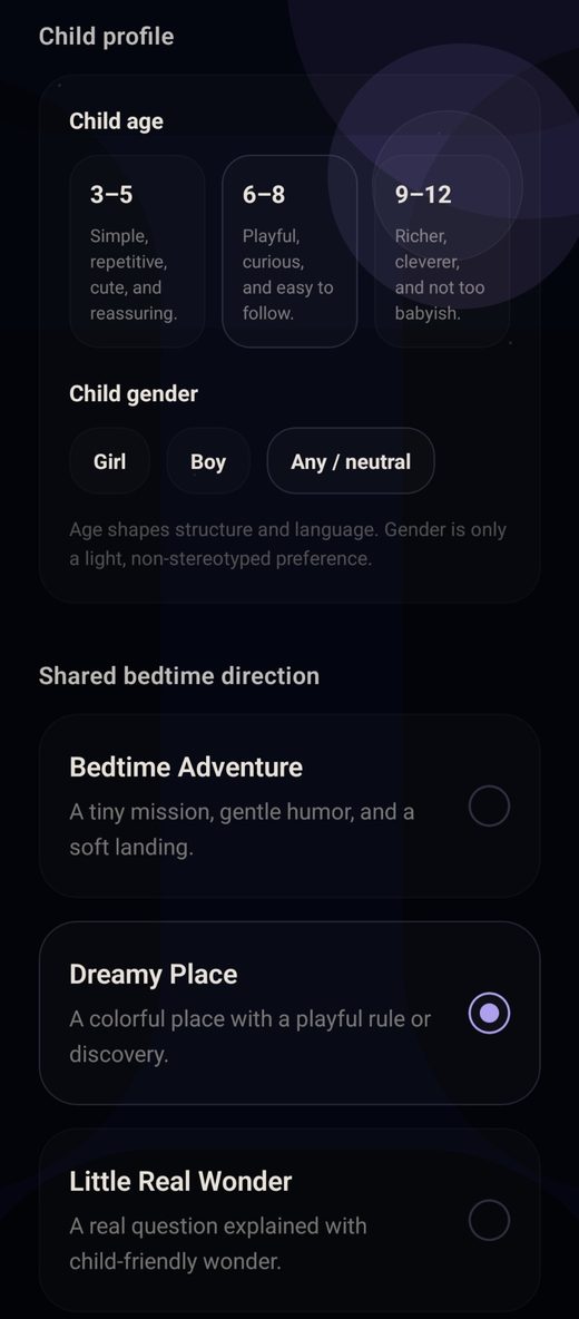 Child profile options screen